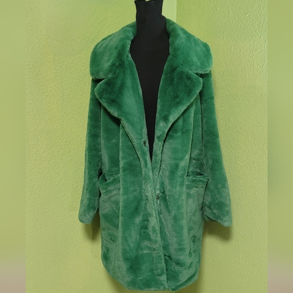 Luxurious Green Plush Faux Fur Coat Sz L - Picture 8 of 12